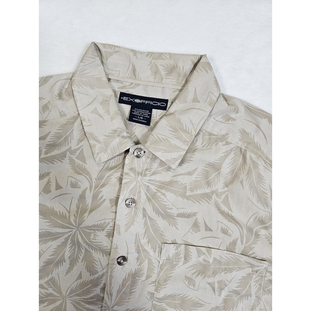 Exofficio Shirt Men's L Gray Brown Hawaiian Short Sleeve Camp Collar Button-Up